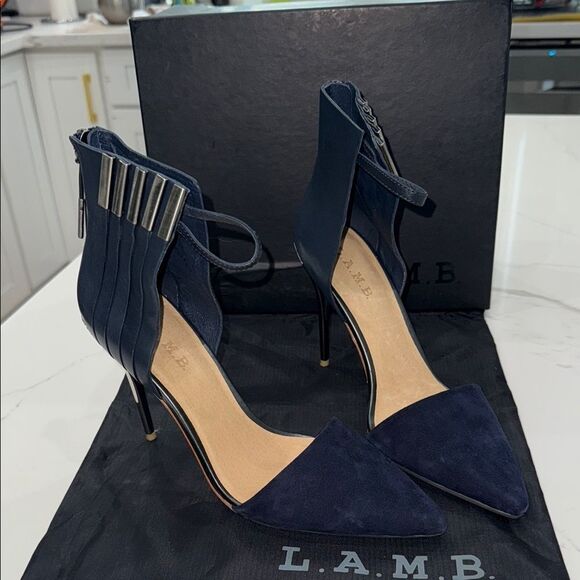 L.A.M.B. Navy and Silver Suede, Leather and Metal Heels - Picture 13 of 16